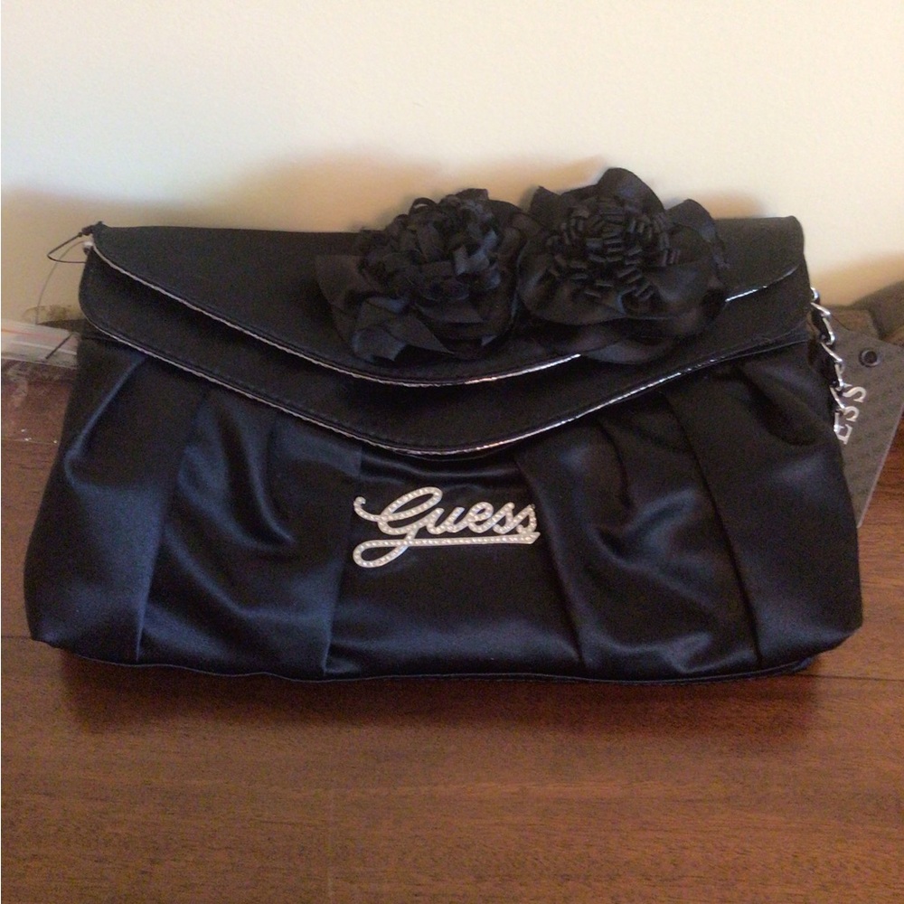 Guess Black Satin Floral Crossbody/Clutch Bag